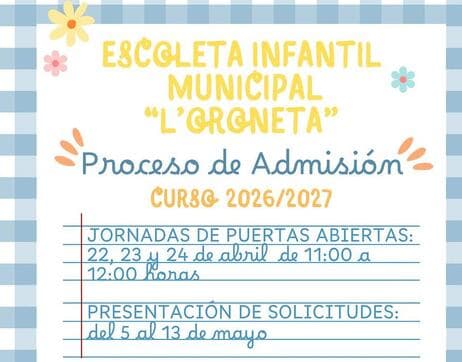 L’escoleta infantil municipal “L’Oroneta” abre el período de admisión para el curso 2026/2027