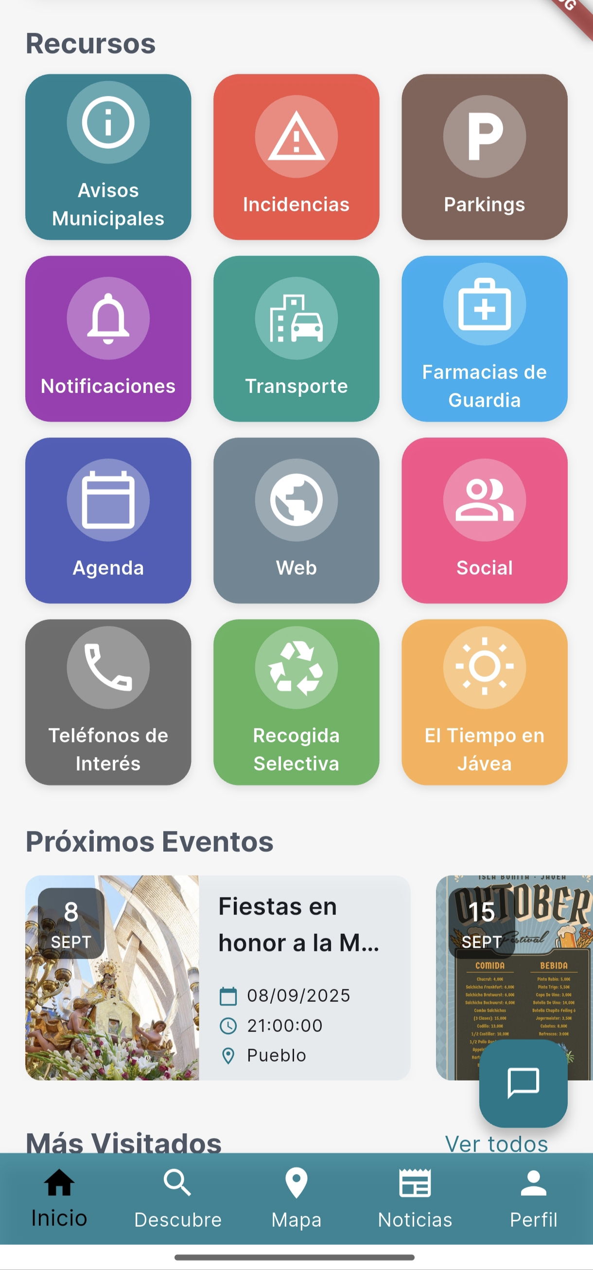 Sección de recursos en la app